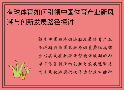 有球体育如何引领中国体育产业新风潮与创新发展路径探讨